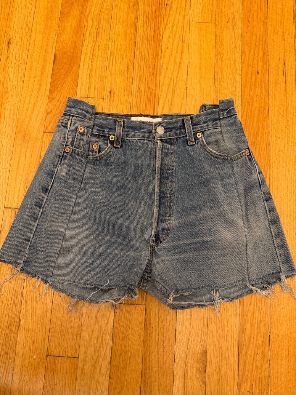 EB Denim Vintage-Inspired Faded Blue High-Rise Jean Shorts